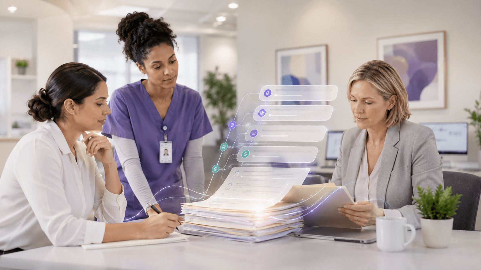 Care-continuum team coordinating placement review in a post-acute care setting
